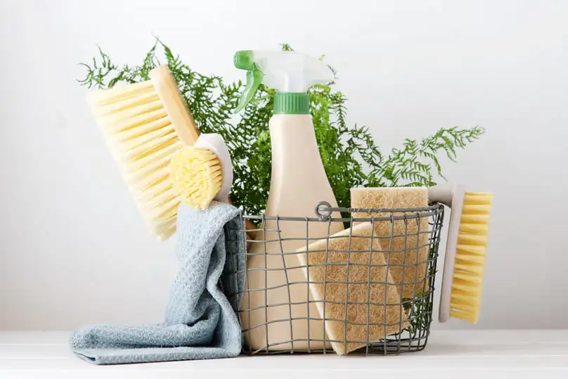 A wire basket holds non-toxic cleaning products, brushes, and sponges with a green plant.