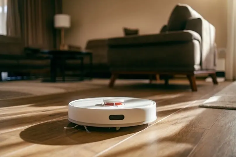A robot vacuum cleans a living room floor, showing how robots that clean your house work.