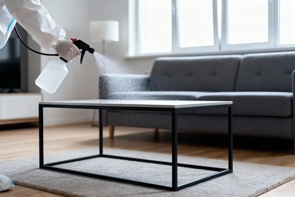 Technician spraying table shows sanitize vs clean methods in a modern living room