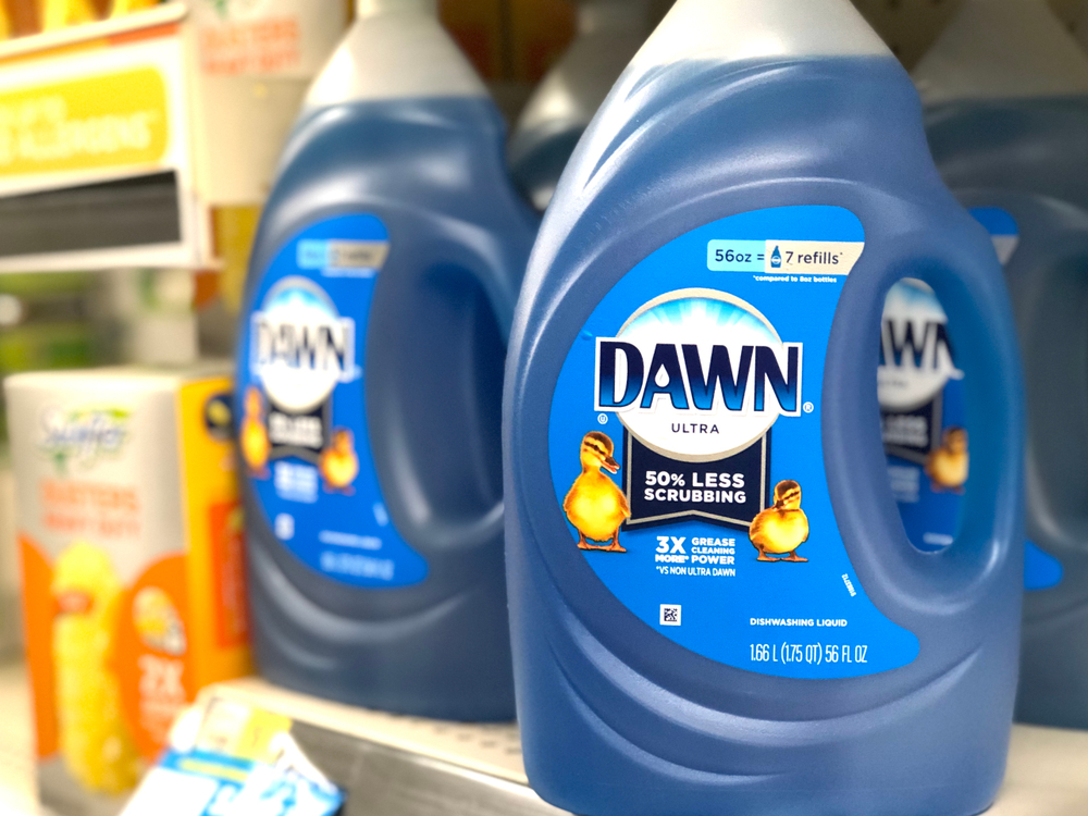 Dawn dish soap among best bathroom cleaning products on store shelf.