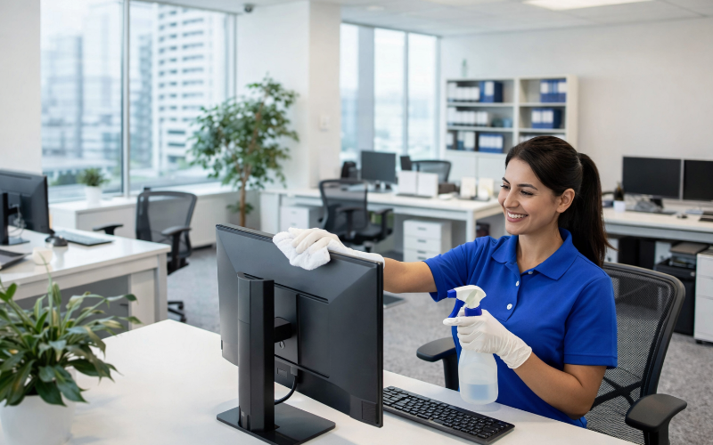 A woman in a blue shirt and white gloves cleans a computer monitor with a spray bottle in a modern, bright office, as sunlight pours in through large windows, creating a fresh atmosphere reminiscent of the gulf stream.