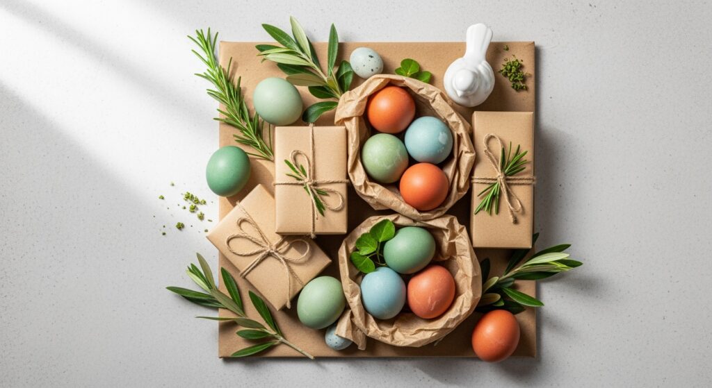 A pastel Easter table setting on rustic wood, perfect for your easter cleaning checklist.