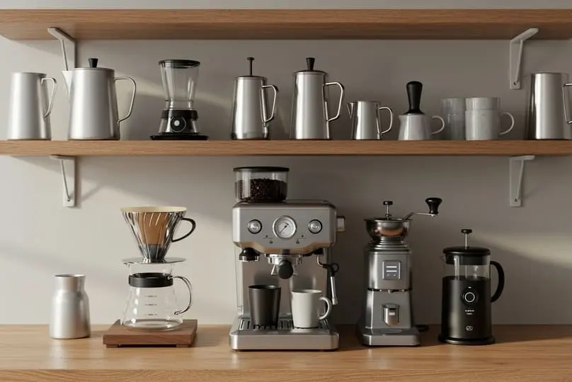 An organized coffee station with various brewers, showing how to clean a coffee maker.