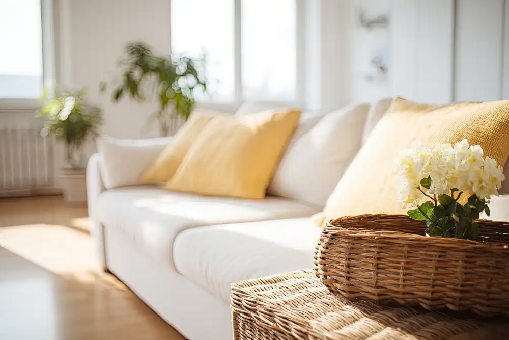 A sunlit white sofa with yellow pillows, demonstrating the best way to clean a couch.