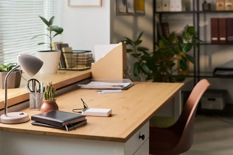 Organized wooden workspace with a lamp and plants, illustrating how to clean an office desk.