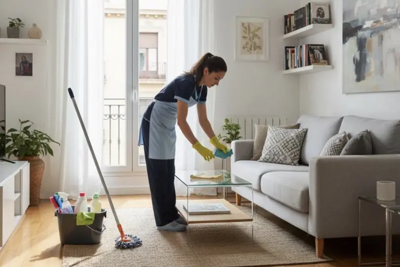 A cleaner wiping a glass coffee table answers the question, how can you keep your house clean?