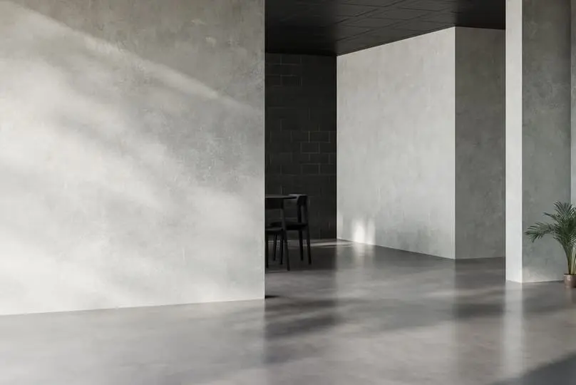 A sunlit modern room with smooth surfaces highlights how to clean concrete floors.